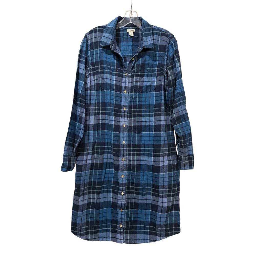 LL Bean Womens Blue Plaid Flannel Shirt Dress Size 10 Long Sleeve Cotton